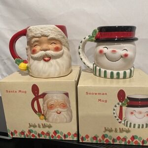 Cracker Barrel New Snowman W Spoon  And Used Santa Mingle & Jingle Ceramic Mugs
